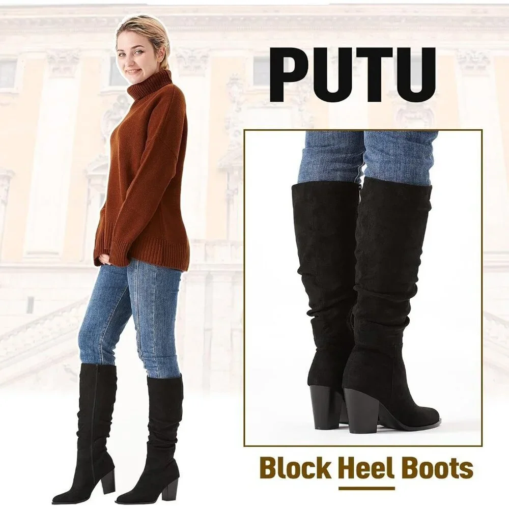Women's Black Pointed Toe Faux Suede Slouch Chunky Heel Knee High Boots